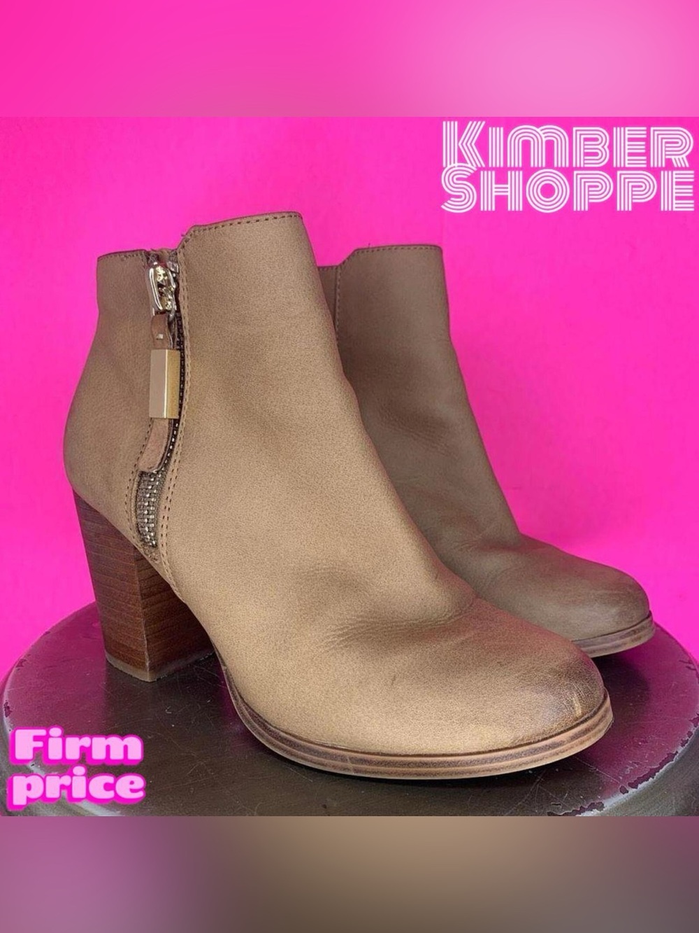 Aldo Tan Leather Round Toe Block Heel Gold Zipper Ankle Boots US 7 EU 37.5